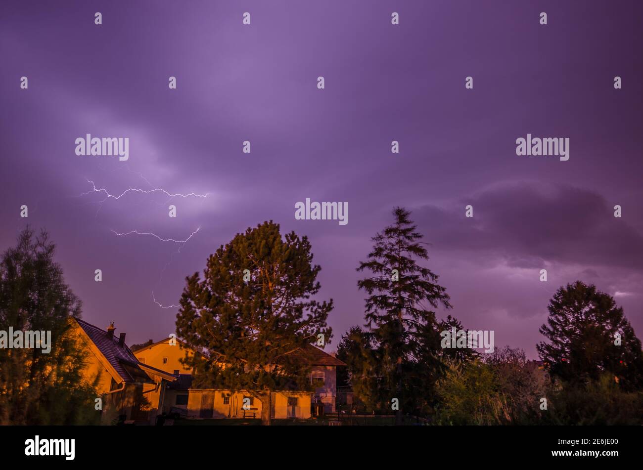 bright beautiful lightning at night sky Stock Photo