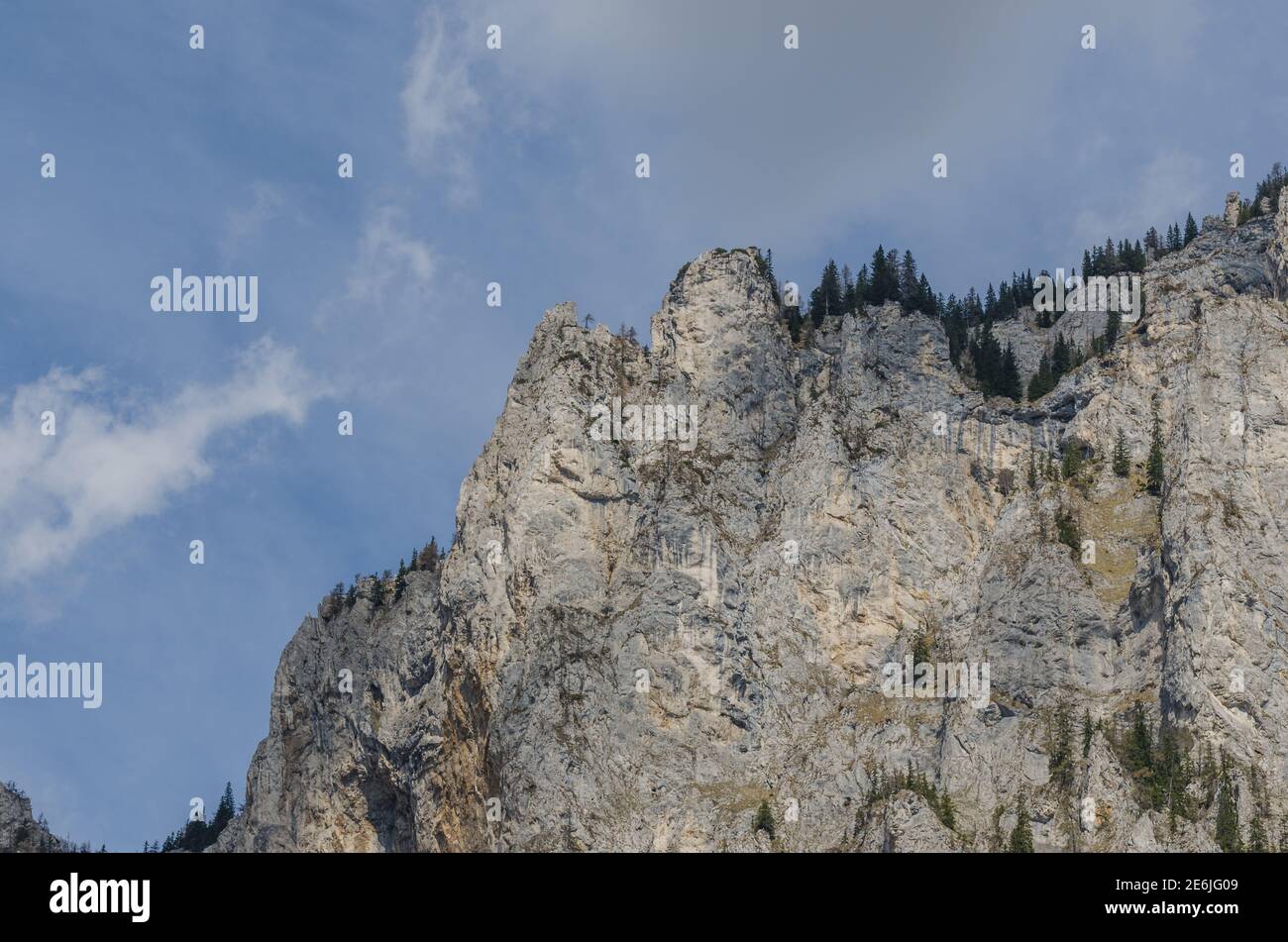 high rocky mountain with trees Stock Photo