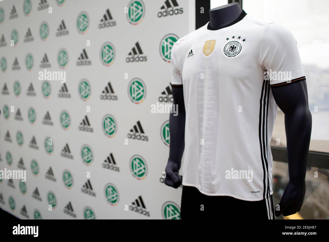 The Adidas soccer match jersey for the German national team is displayed  during a news conference by German Football Association (DFB) and sportswear  company Adidas in Paris, France, June 20, 2016. REUTERS/Stephane