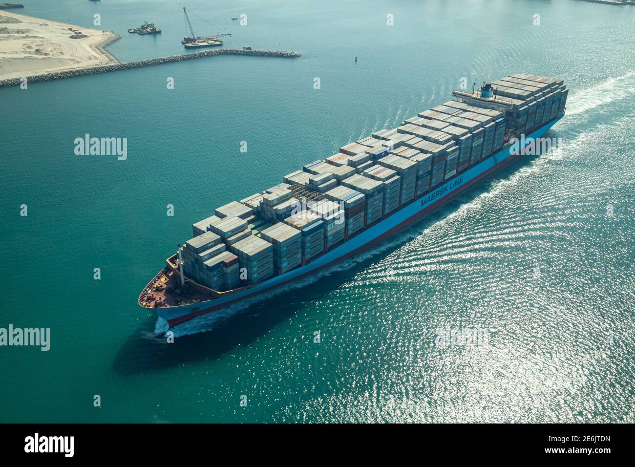 Aerial View of Cargo Container Ship in Dubai, UAE Stock Photo