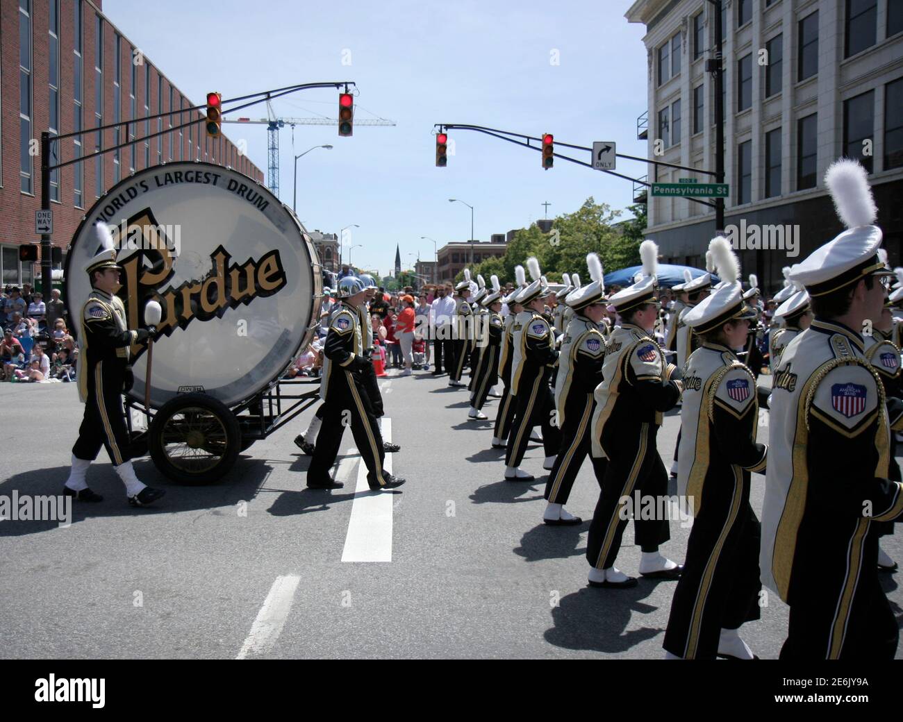 Purdue University Marching Band with World Largest Drum at 500 Festival Parade at Downtown
