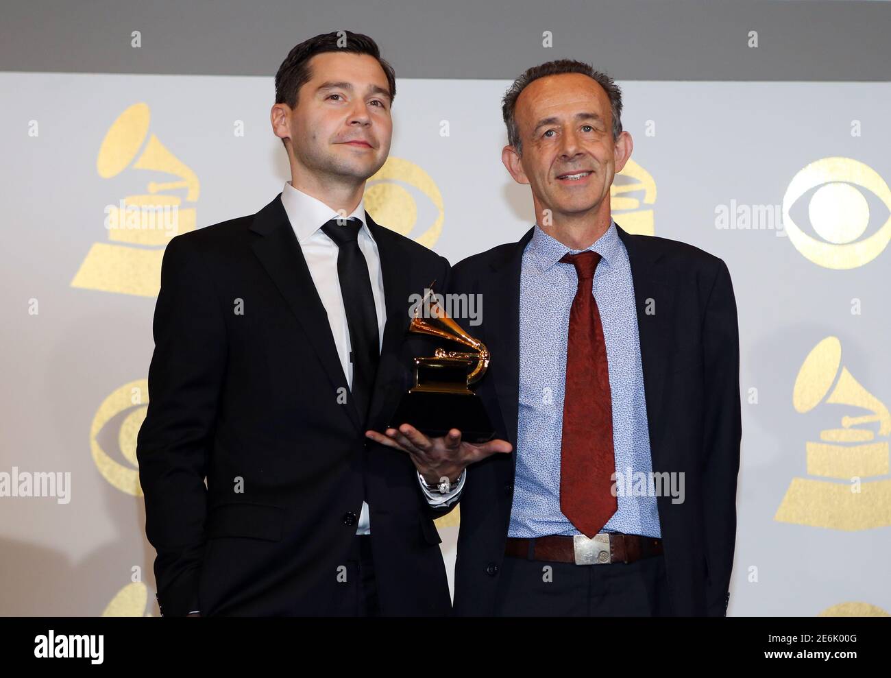 Engineers Joe LaPorta (L) and Kevin Killen hold their award for Best Engineered Album, Non-Classical for Blackstar during the 59th Annual Grammy Awards in Los Angeles, California, U.S. , February 12, 2017. REUTERS/Mike Blake Stock Photo