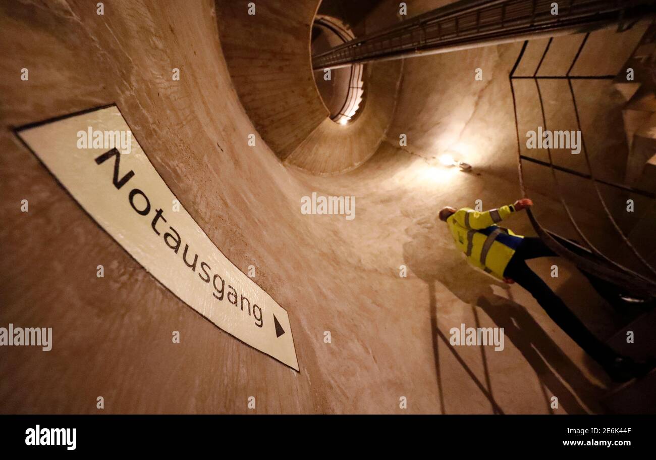 A 20 metre high spiral staircase in a tower used as an emergency exit, is  seen inside a Federal Reserve bank (Bundesbank) bunker, prior to the  bunker's official opening to the public
