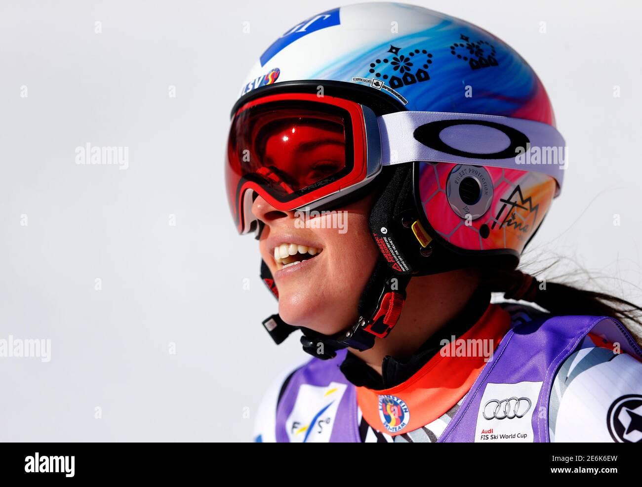 Tina Weirather of Liechtenstein reacts after crossing the finish line at  the alpine World Cup Ladies' Giant Slalom race on the Rettenbach glacier in  the Tyrolean ski resort of Soelden, Austria, October