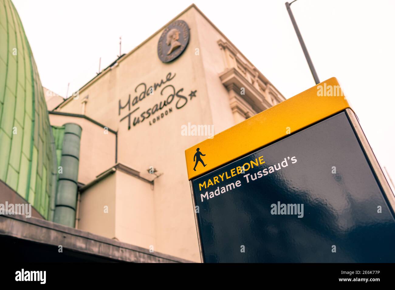 London- Madame Tussauds exterior signage- a wax museum and popular tourist attraction in Marylebone Stock Photo