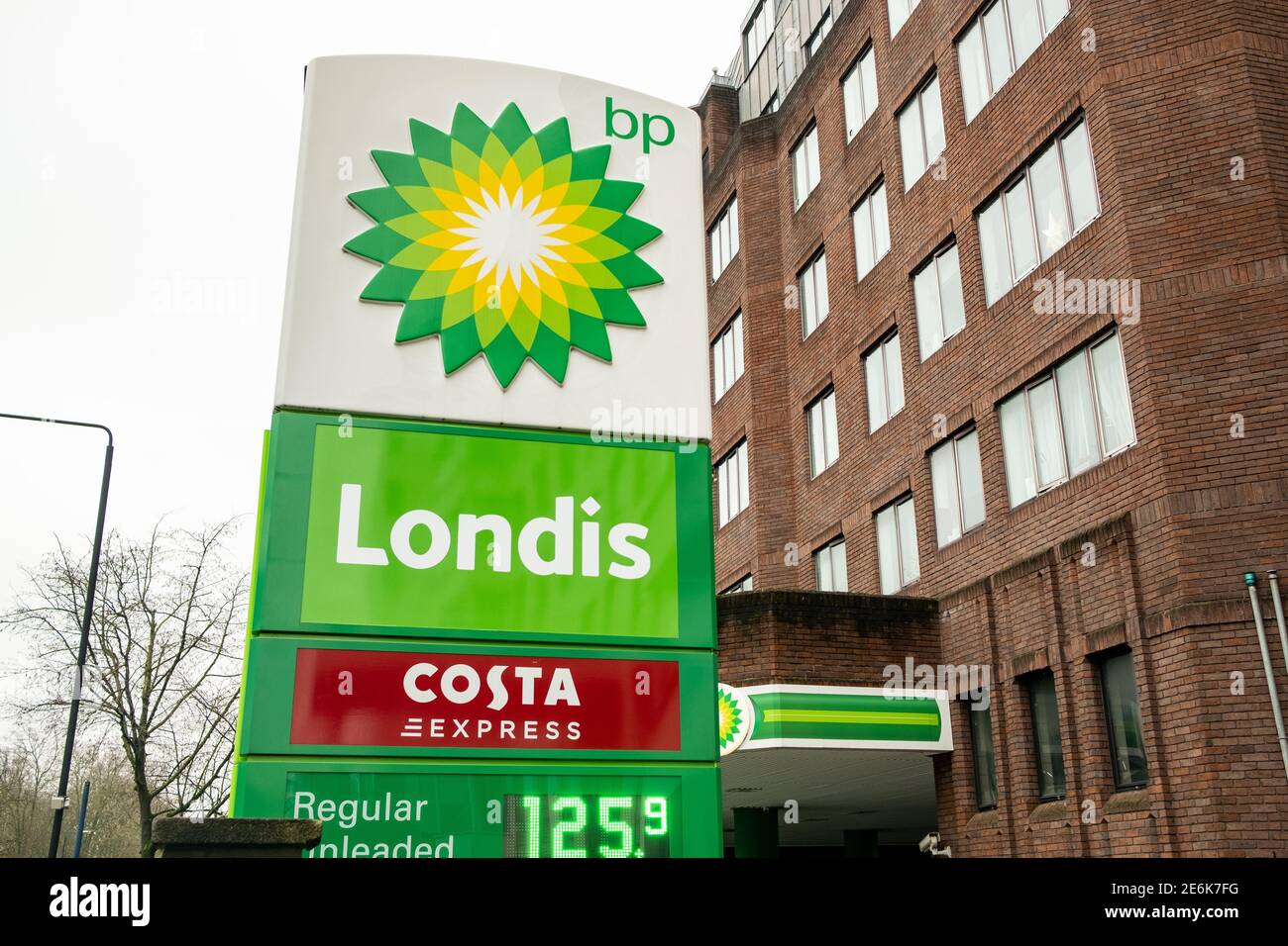 London- January 2021: BP petrol station with Londis convenience store and Costa Express Stock Photo