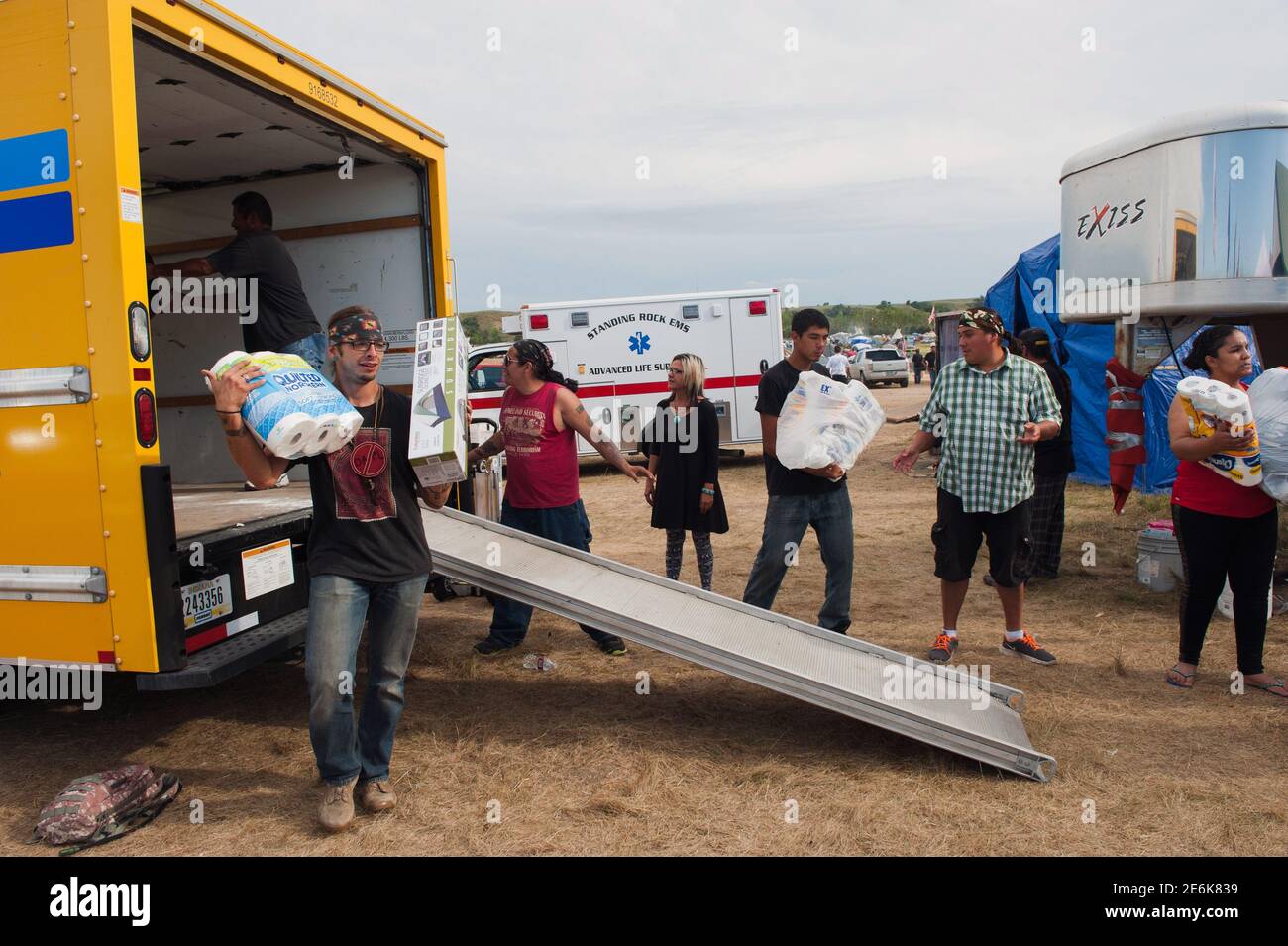 Volunteers unload donated items at an encampment of protesters trying to stop the Partner Dakota Access oil pipeline near the Standing Rock Sioux reservation in Cannon Ball, North Dakota September 6, 2016.  REUTERS/Andrew Cullen Stock Photo