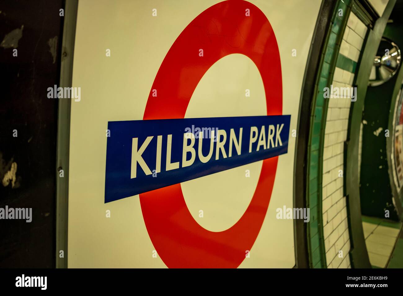London Kilburn Park Underground station platform and sign. A station
