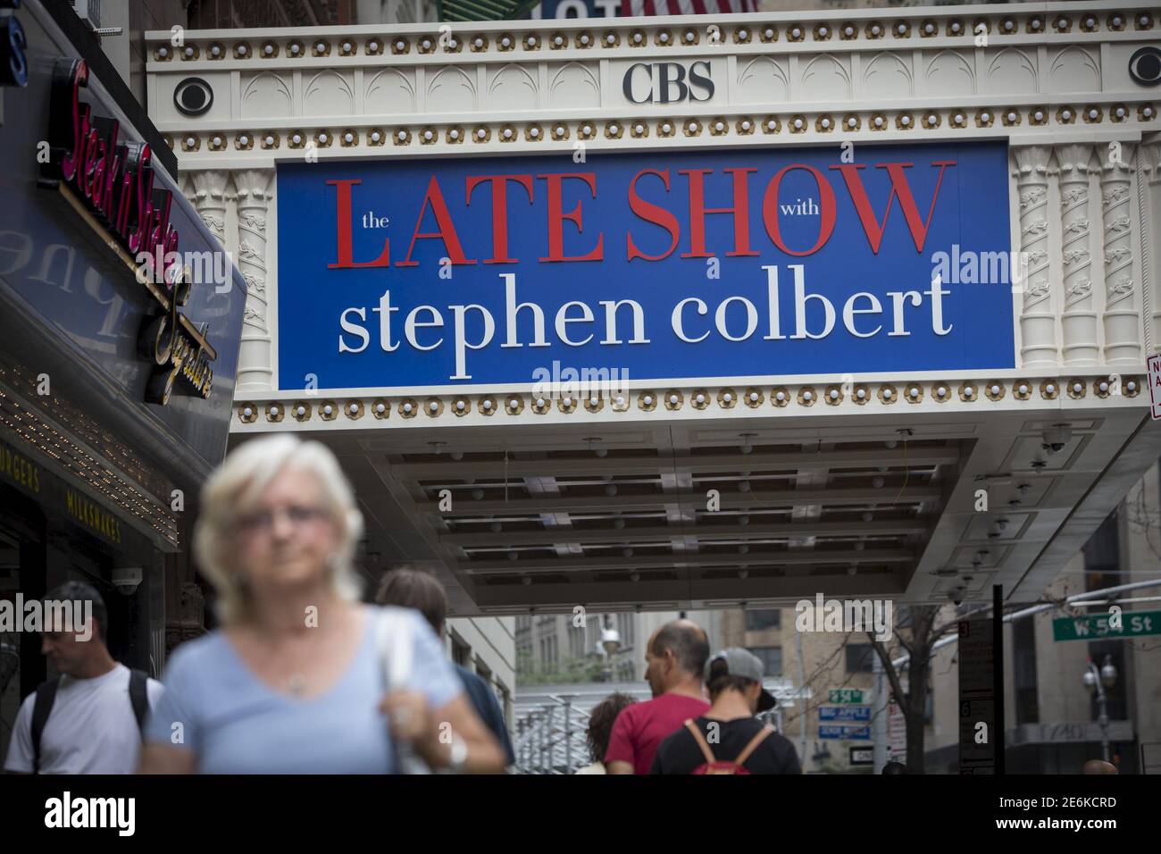 The marquee for 'The Late Show with Stephen Colbert' is seen on the Ed Sullivan Theater in Manhattan, New York, August 21, 2015. Colbert is set to host the show, which was previously presented by David Letterman. REUTERS/Andrew Kelly Stock Photo