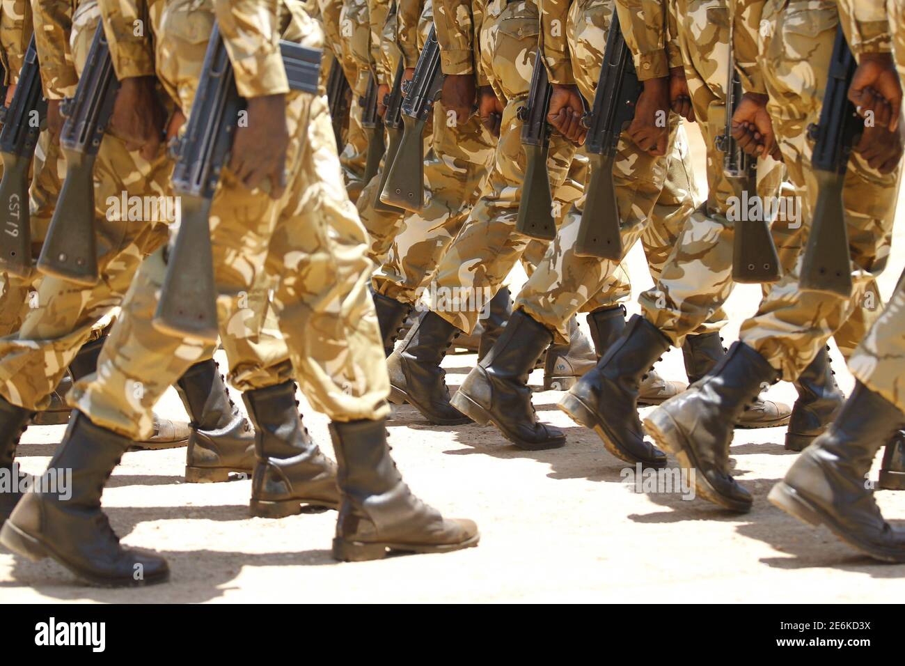 Kenya Wildlife Services (KWS) rangers parade during the passing out parade for 592 rangers at the Law Enforcement Academy Manyani in Tsavo West National Park, October 27, 2015. Kenya Wildlife Services Law Enforcement Academy conducts training programs for uniformed personnel including general security courses for staff from institutions outside the wildlife conservation fraternity especially to combat poaching, KWS officials said. Poaching has surged in the last few years across sub-Saharan Africa, where gangs kill elephants and rhinos to feed Asian demand for ivory and horns for use in folk m Stock Photo