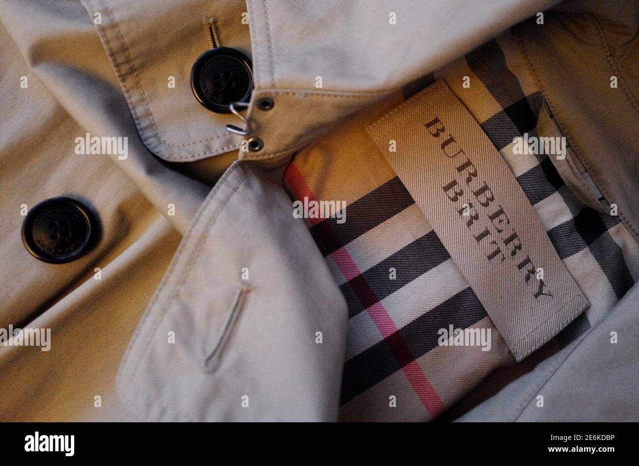 A close up picture shows the label of British fashion design house Burberry  inside a Burberry