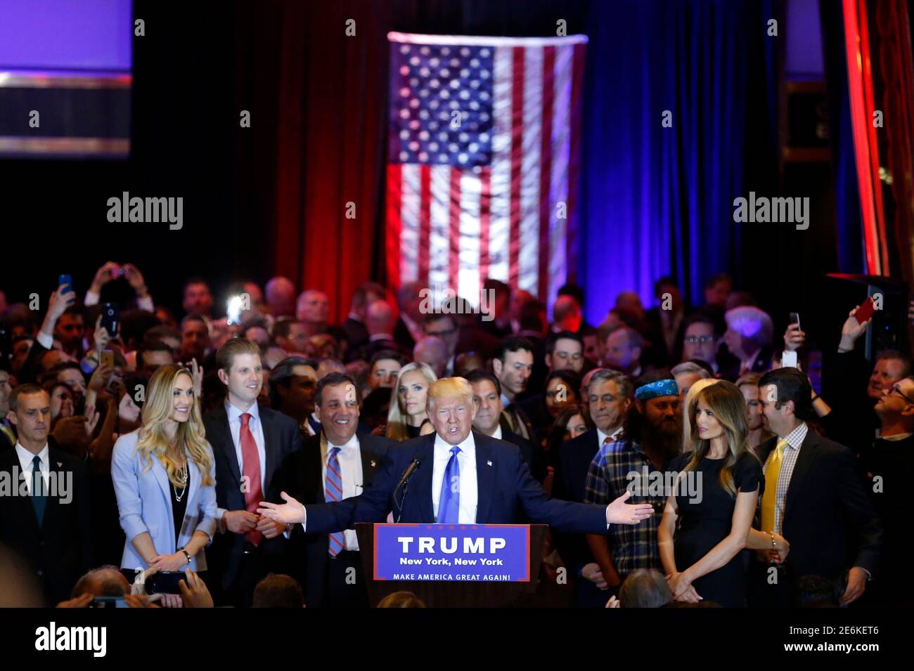 Republican U.S. presidential candidate Donald Trump is joined by his  campaign manger Corey Lewandowski (L), his daughter-in-law Lara Yunaska  (2nd L), his son Eric (3rd L), New Jersey Governor Chris Christie (4th