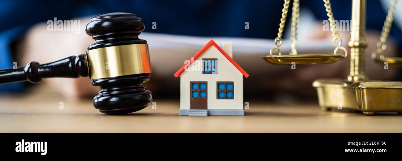 House Property Auction After Divorce. Judge Reading Mortgage Document Stock Photo