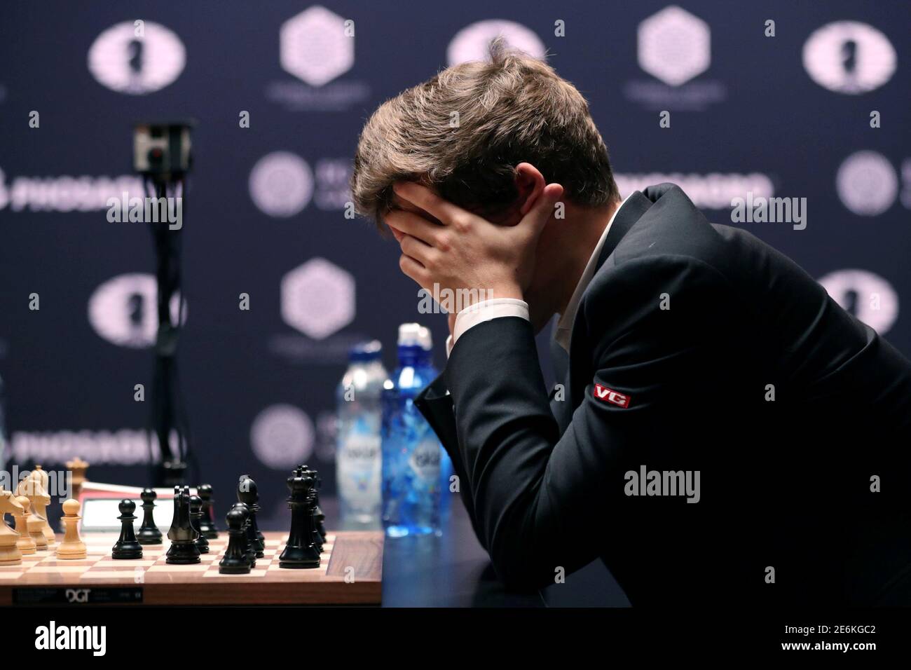 Current World Chess Champion Magnus Carlsen of Norway, reacts to a move  from Sergey Karjakin of Russia during the first game of their rapid chess  tie-breaker match, at the 2016 World Chess