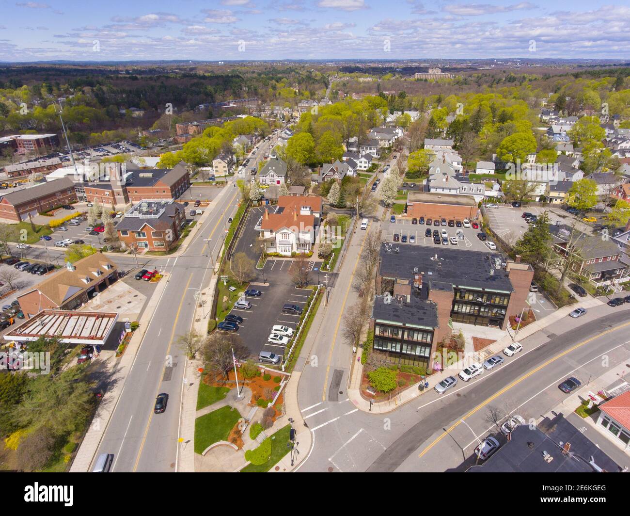 Aerial view of Historic center of Andover on Main Street in Andover