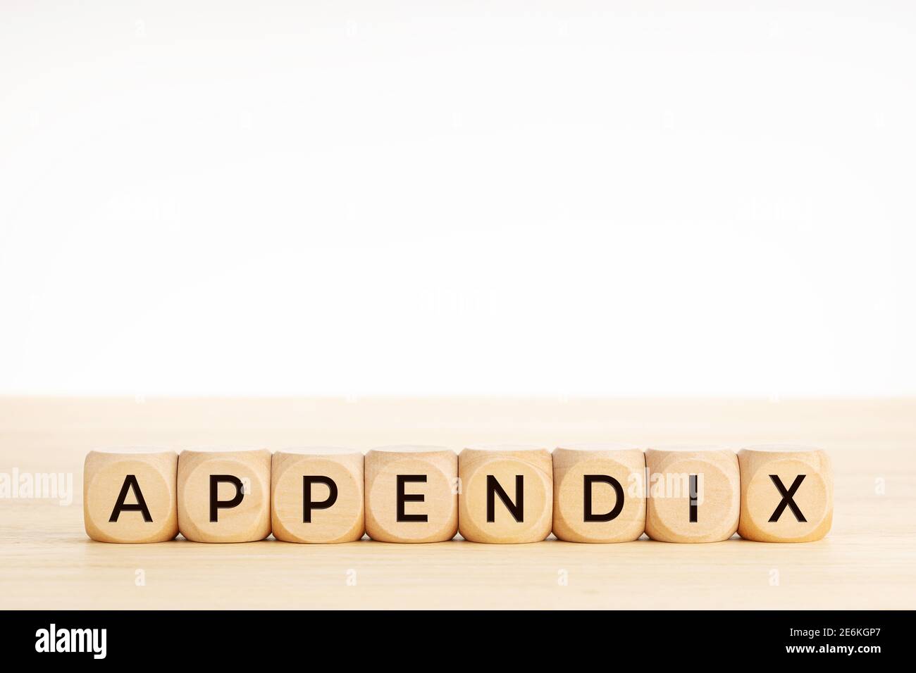 Appendix word on wooden blocks on wood table copy space white 