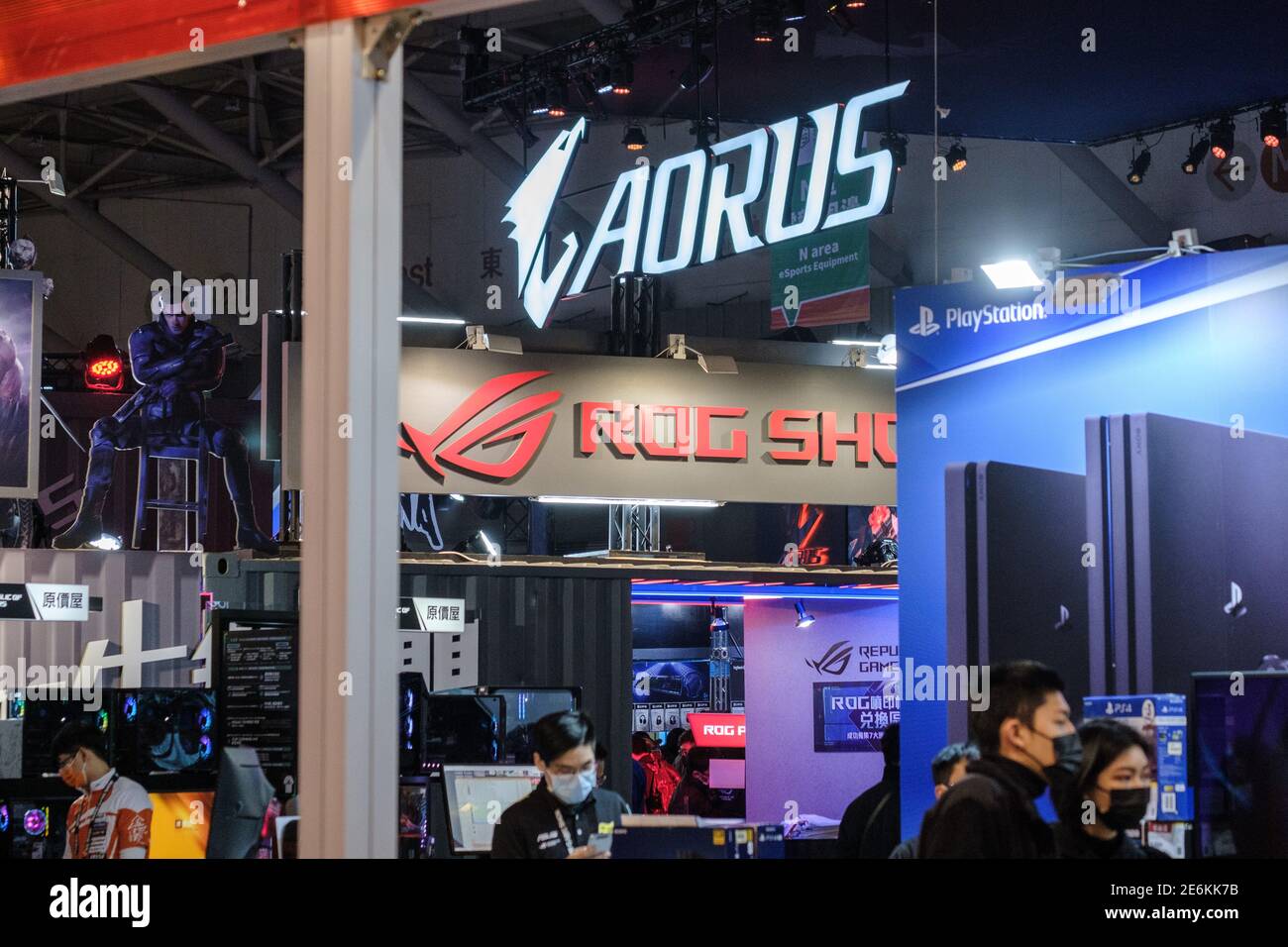 View of ROG (Republic of Gamers) and AORUS stands during the Taipei Game Show at Nangang Exhibition Center in Taipei.Taipei Game Show, held by Taipei Computer Association (TCA), is the only game exhibition, which combines B2B and B2C zone. From 2003, it attracts tons of gamers from all over the world because of the special and amazing content. B2B ZONE divides into “B2B ZONE” and “Indie House”. The former one focuses on game developers, publishers, third-party payment and advertisers, the latter one gathers global indie teams to share and merchandise their game IPs. Also, B2B ZONE set up an on Stock Photo
