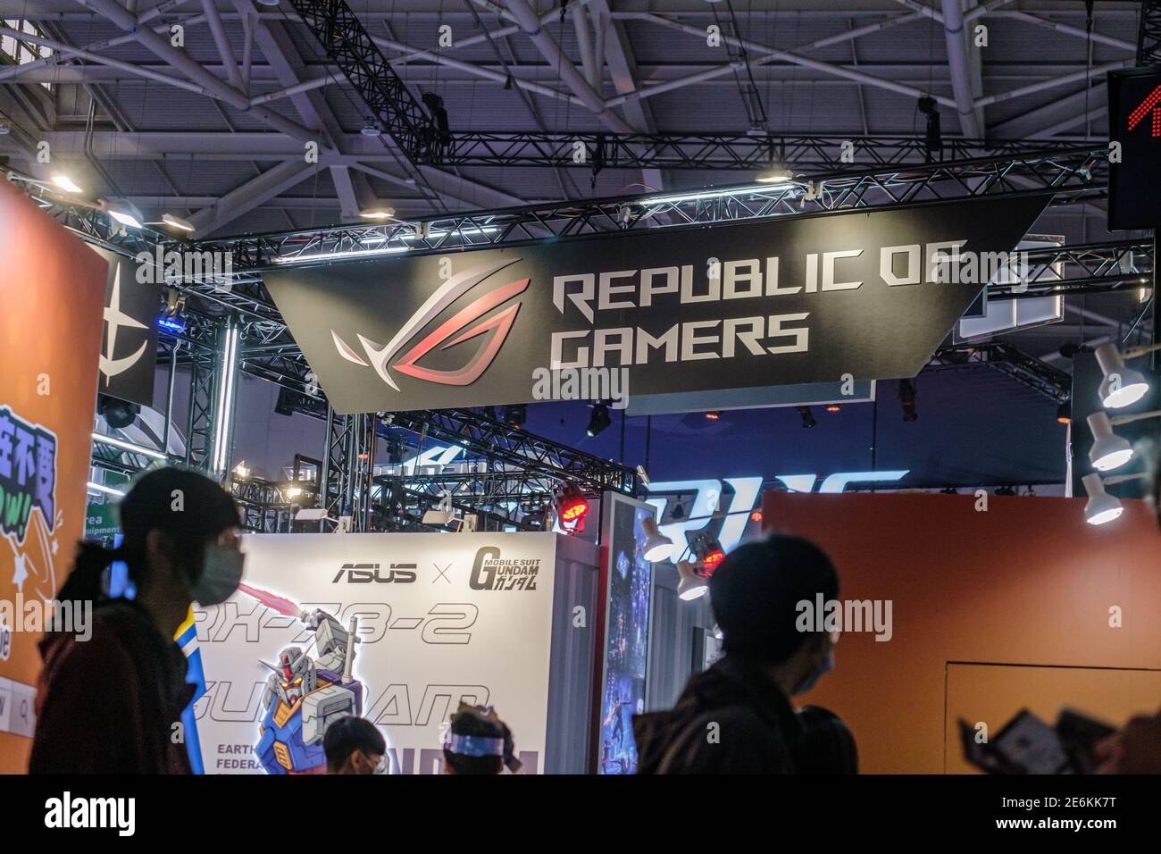 People pass by a ROG (Republic of Gamers) stand during the Taipei Game Show at Nangang Exhibition Center in Taipei.Taipei Game Show, held by Taipei Computer Association (TCA), is the only game exhibition, which combines B2B and B2C zone. From 2003, it attracts tons of gamers from all over the world because of the special and amazing content. B2B ZONE divides into “B2B ZONE” and “Indie House”. The former one focuses on game developers, publishers, third-party payment and advertisers, the latter one gathers global indie teams to share and merchandise their game IPs. Also, B2B ZONE set up an onli Stock Photo