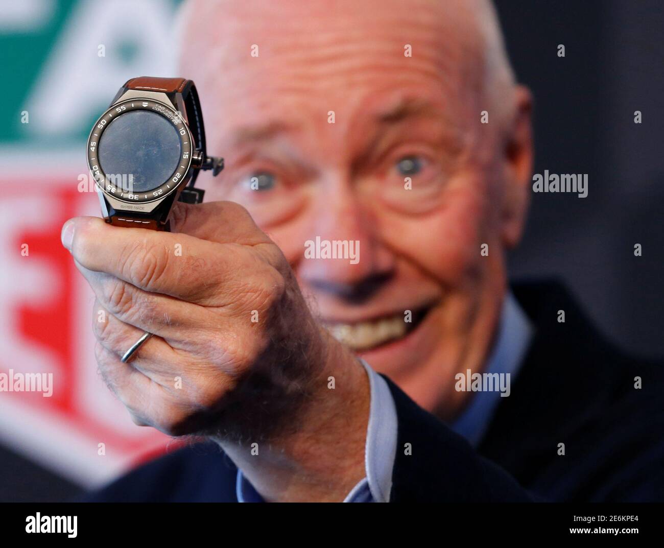 Jean-Claude Biver, Tag Heuer CEO and President of LVMH Watch Division holds  a new model