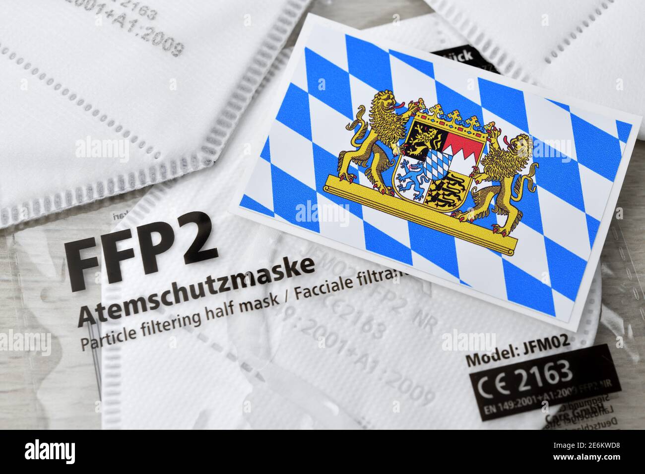 FFP2 Face Masks And Bavarian Coat Of Arms, Compulsory Masks Stock Photo