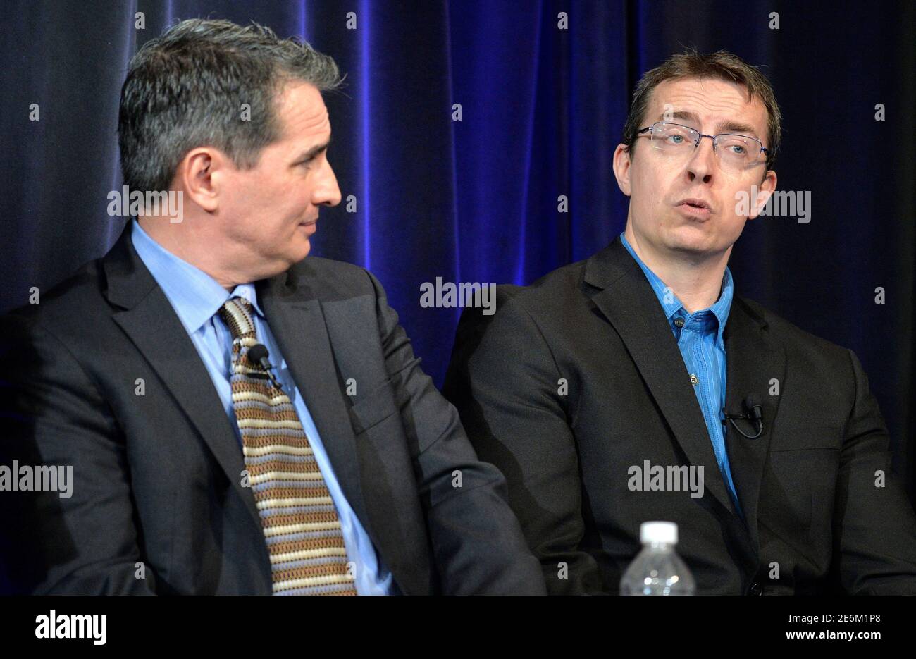 University of Liege (Belgium) astronomer Michael Gillon (R) makes remarks as Sean Carey of NASA's Spitzer Science Center listens during a news conference to present new findings on exoplanets, planets that orbit stars other than Earth's sun, in Washington, U.S., February 22, 2017. REUTERS/Mike Theiler Stock Photo