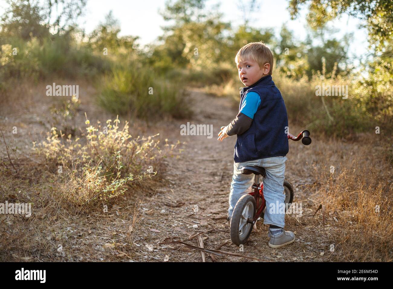 Adventurous three years old boy on his bicycle on the path in nature