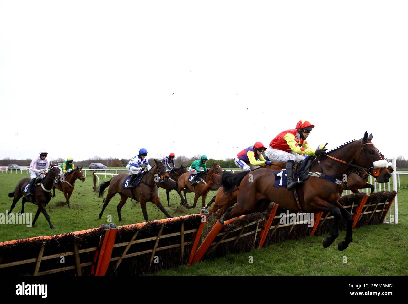 The Edgar Wallace ridden by David Bass (right) clears a fence as they compete in the Sporting Life EBF 'National Hunt' Maiden Hurdle at Doncaster Racecourse. Picture date: Friday January 29, 2021. Stock Photo
