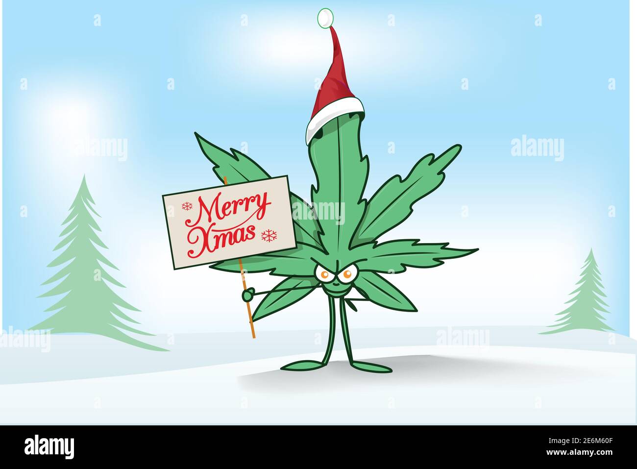 marijuana leaf with christmas hat cartoon on christmas background Stock