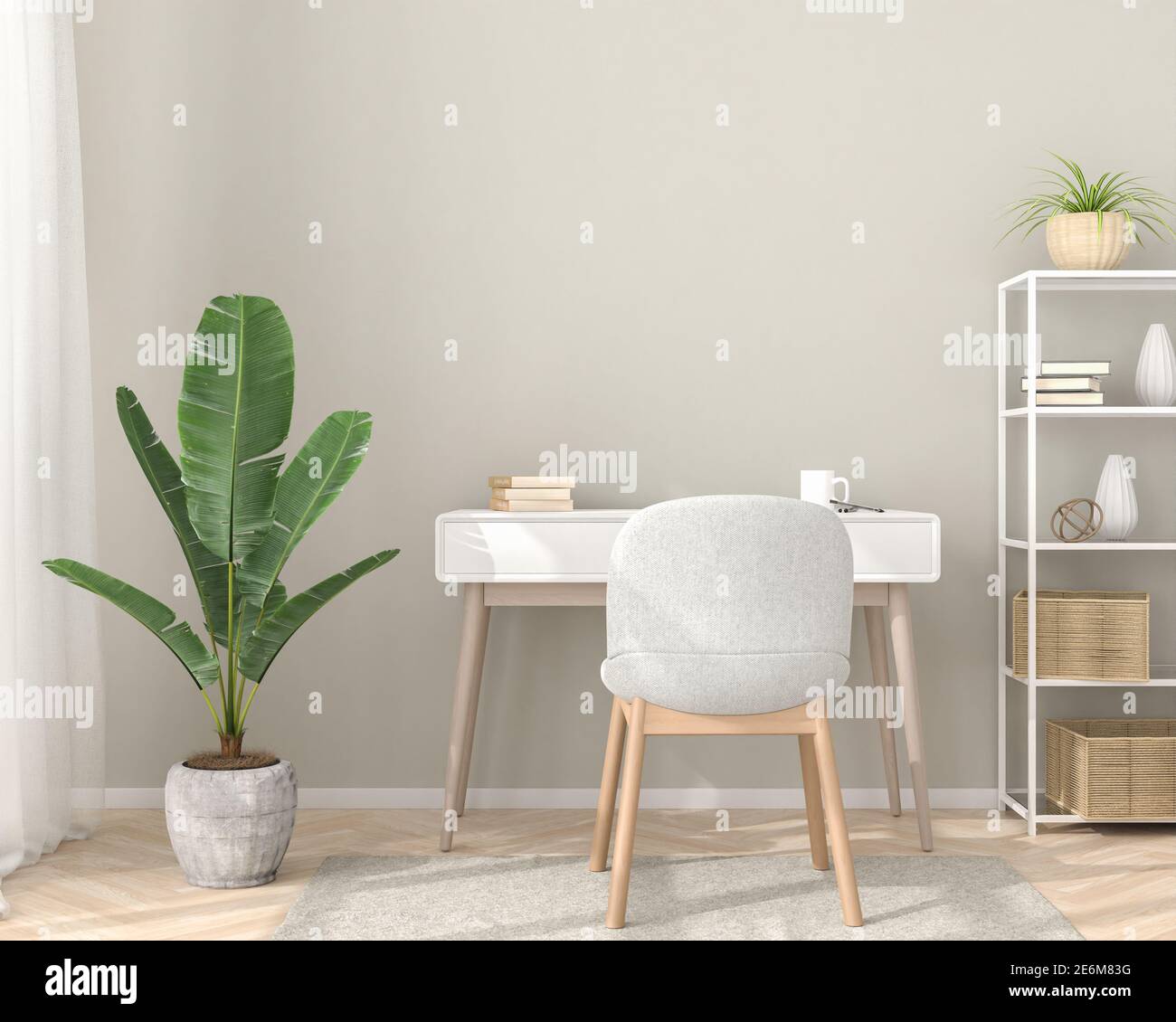Interior mockup with a desk, chair, shelf, carpet, curtain. Copy space for picture on the wall. 3d render Stock Photo