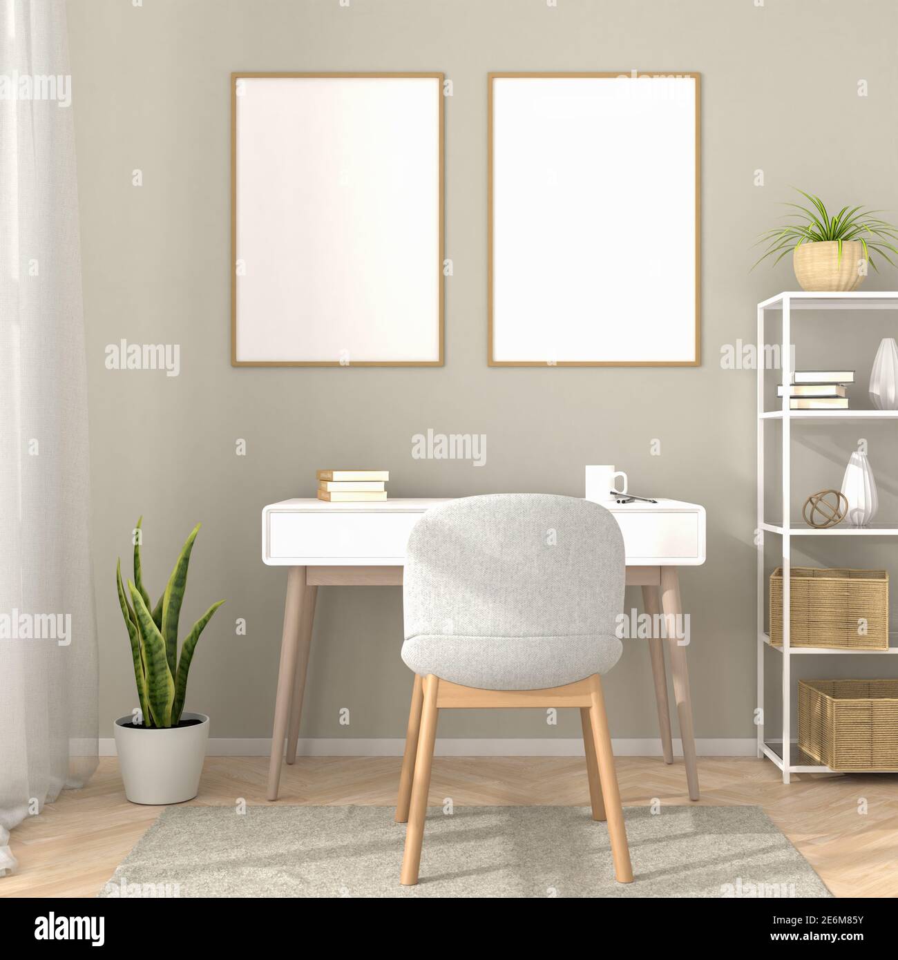 Picture frame mockup with a desk, chair, shelf, carpet, curtain. 3d render Stock Photo