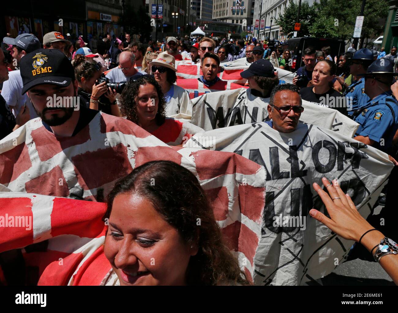 Demonstrators protesting against the immigration policies of Republican U.S. presidential nominee Donald Trump march outside the arena hosting the Republican National Convention in Cleveland, Ohio, U.S. July 19, 2016.         REUTERS/Lucas Jackson  TPX IMAGES OF THE DAY Stock Photo