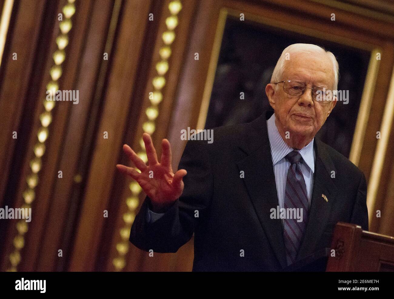 Former U.S. President Jimmy Carter delivers a lecture on the eradication of the Guinea worm, at the House of Lords in London, Britain February 3, 2016. REUTERS/Neil Hall Stock Photo