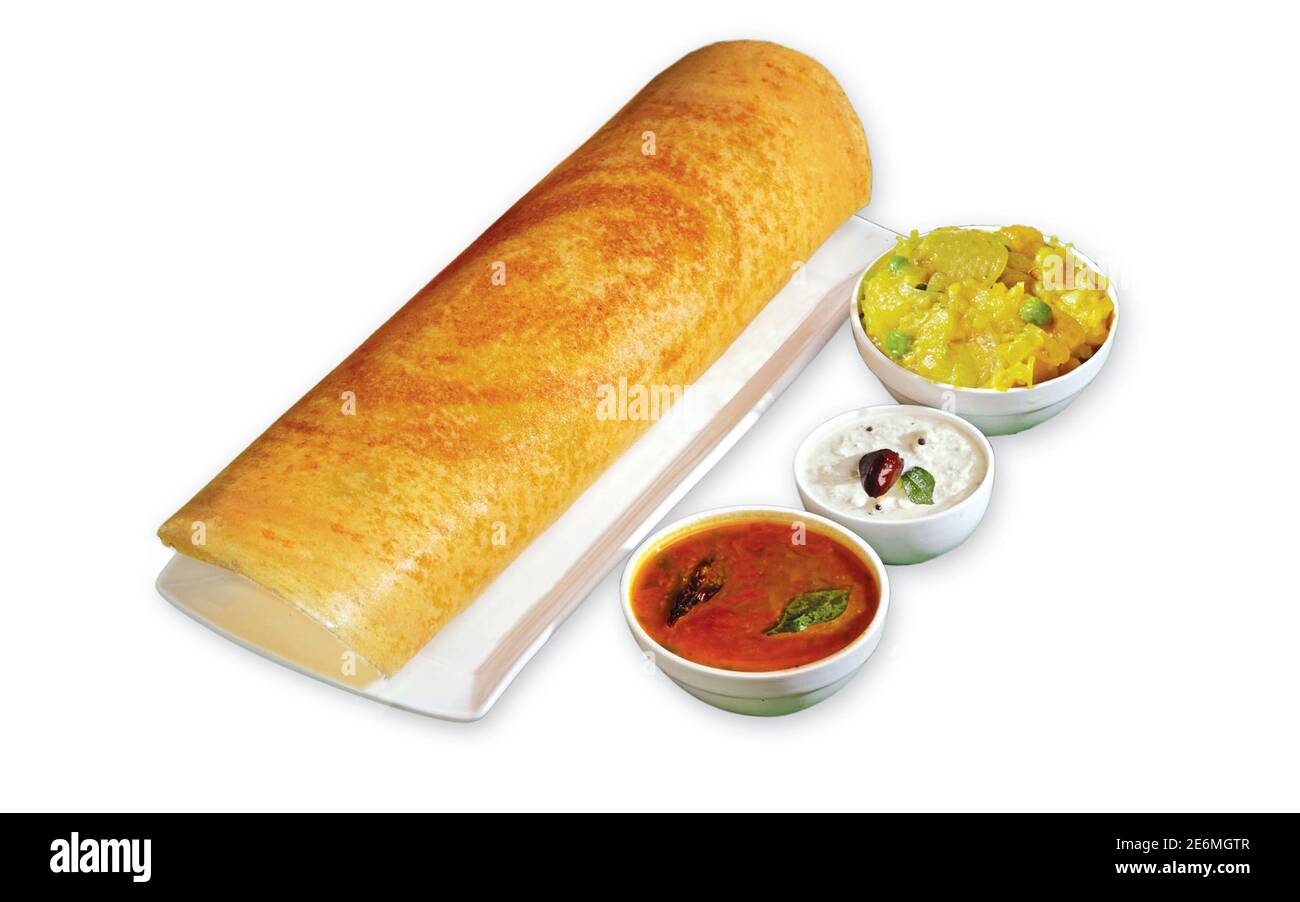 South Indian Masala Dhosa or dosa served with sambhar, coconut chutney