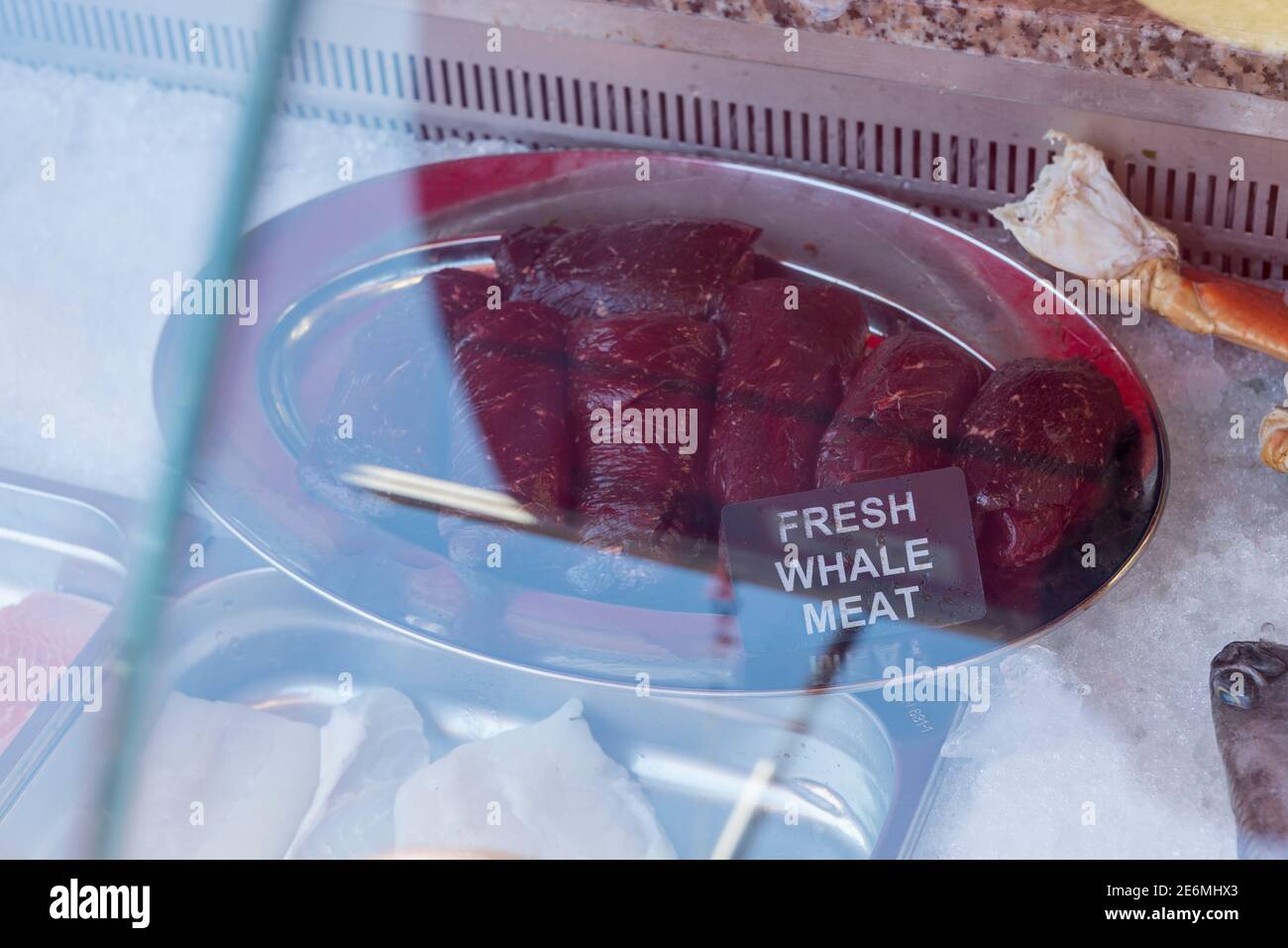 Fresh whale meat on a silver plate at the market in Bergen, Norway Stock Photo Alamy