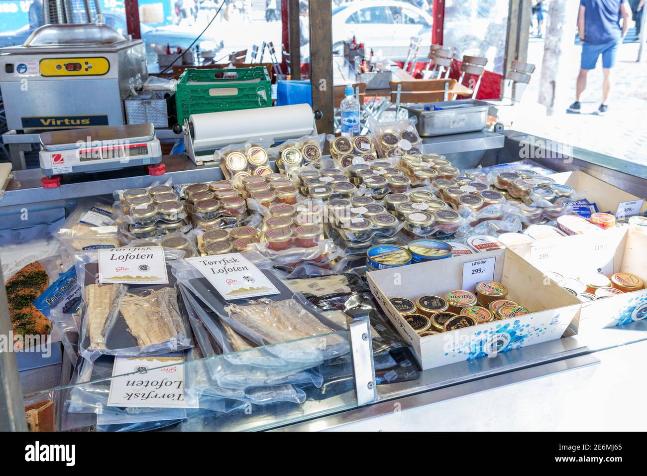 Variety of norwegian specialties at the market in Bergen, Norway Stock Photo