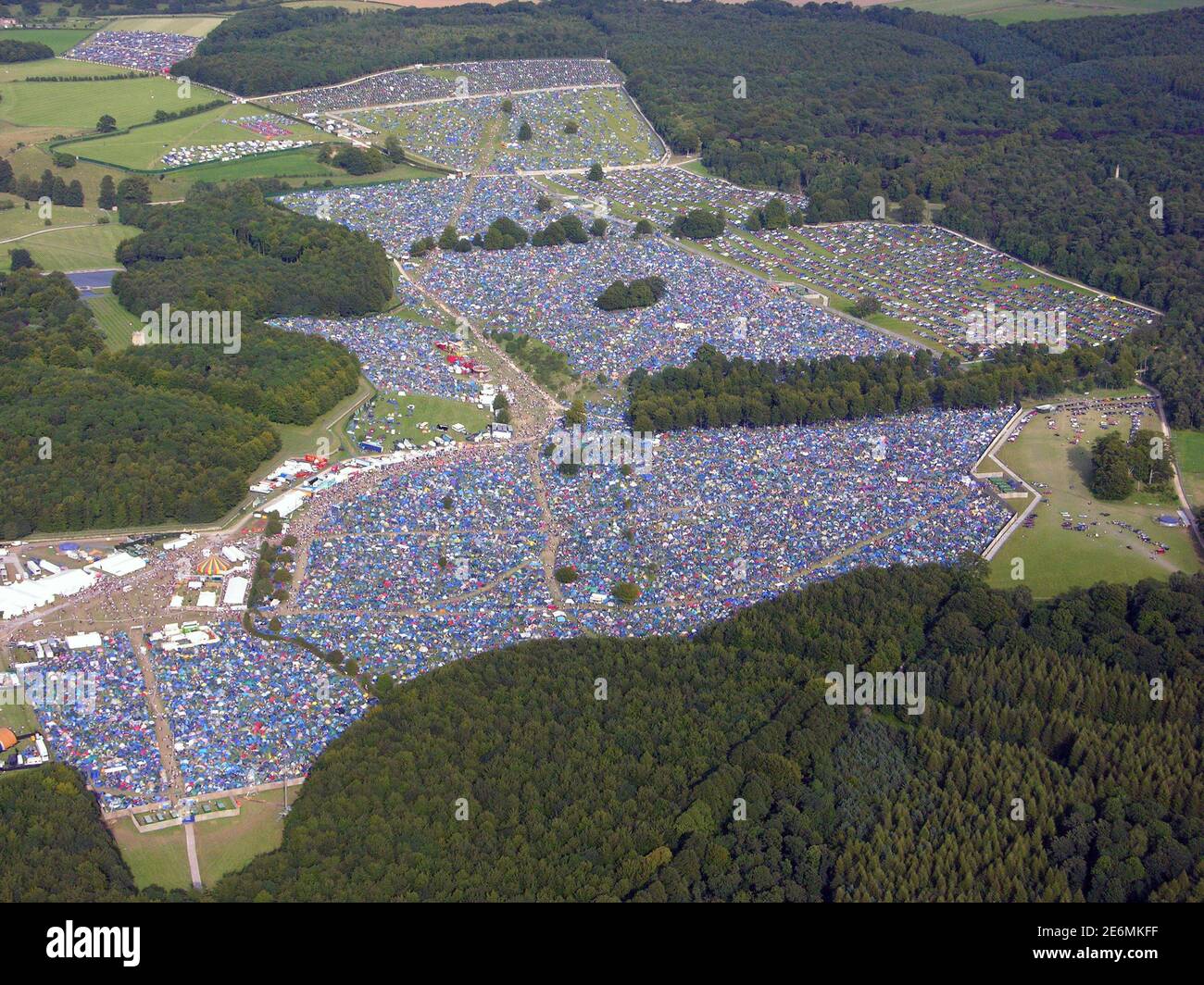 aerial view of music fans camping at Leeds Festival Stock Photo