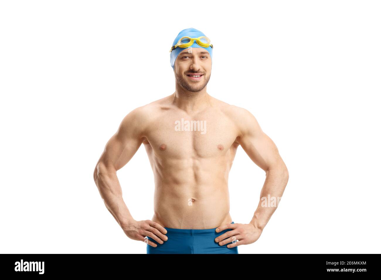 Male swimmer with googles and a cap posing isolated on white background Stock Photo