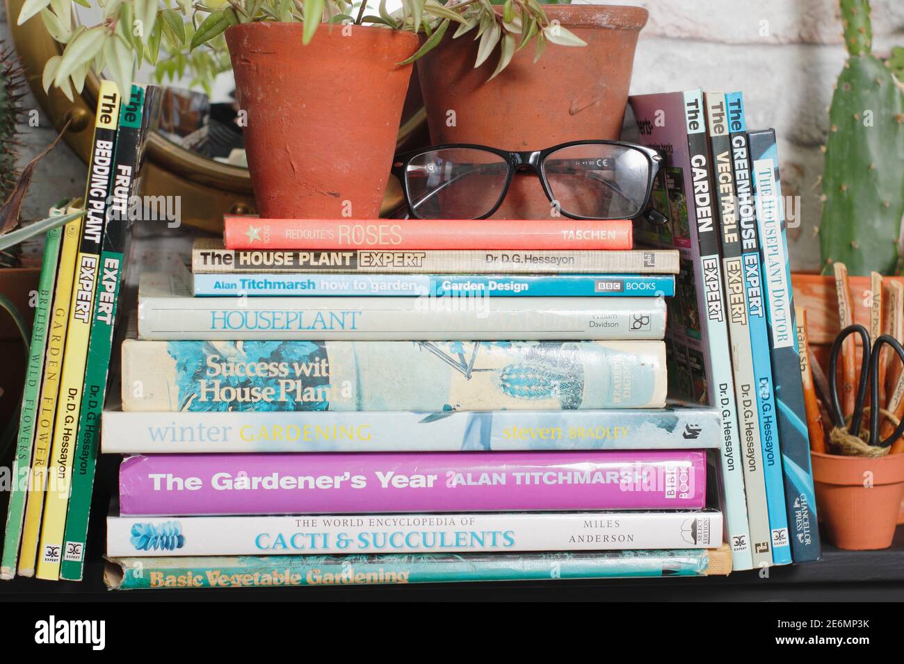Stack of gardening books on a bookshelf with houseplants and reading glasses. UK Stock Photo