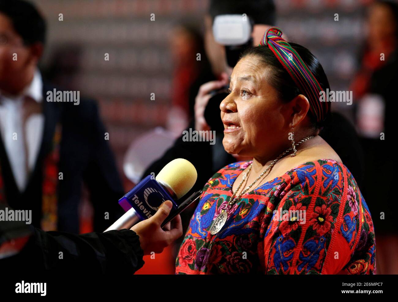 Nobel Peace Laureate Rigoberta Menchu answers media questions at the red  carpet of the Platino award in Punta del Este, Uruguay, July 24, 2016.  REUTERS/Andres Stapff Stock Photo - Alamy