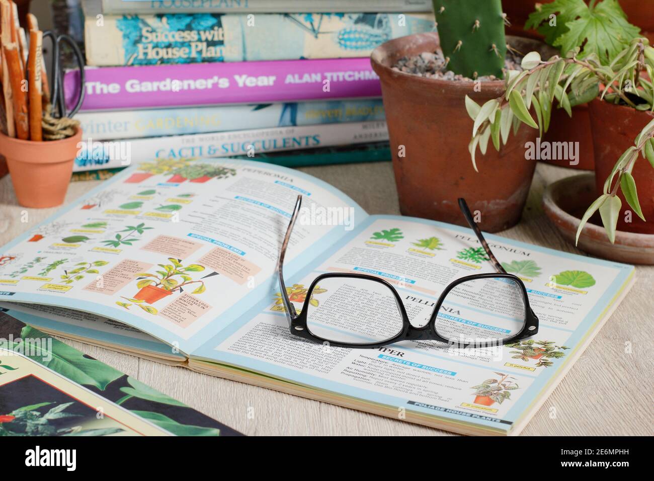 Gardening books and reading glasses in an English home. UK Stock Photo