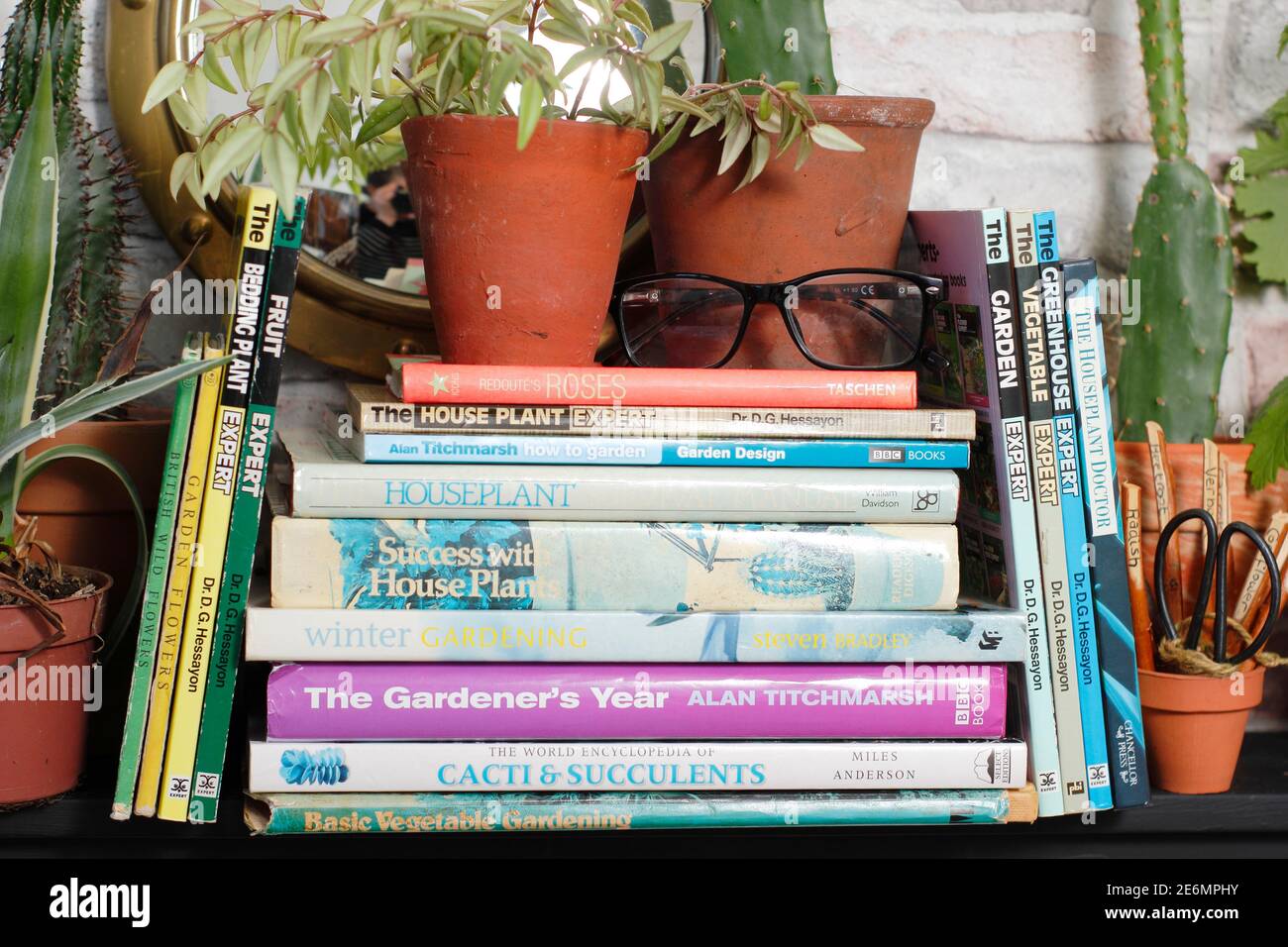 Stack of gardening books on a bookshelf with houseplants and reading glasses. UK Stock Photo