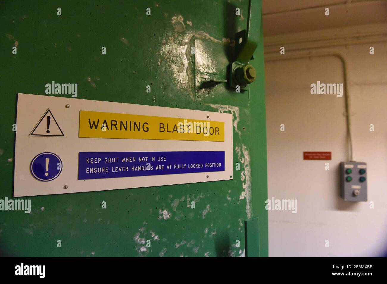 Blast door leads to the exterior of a former Regional Government HQ Nuclear bunker built by the British government during the Cold War which  has come up for sale in Ballymena, Northern Ireland on February 4, 2016. It is owned by the Office of Northern Ireland's First Minister and Deputy First Minister and capable of accommodating 236 personnel for extended periods. A large range of the original fixtures and fittings are to be included in the sale. It is believed to be one of the most technically advanced bunkers built in the UK with an array of advanced life support systems. In the event of a Stock Photo
