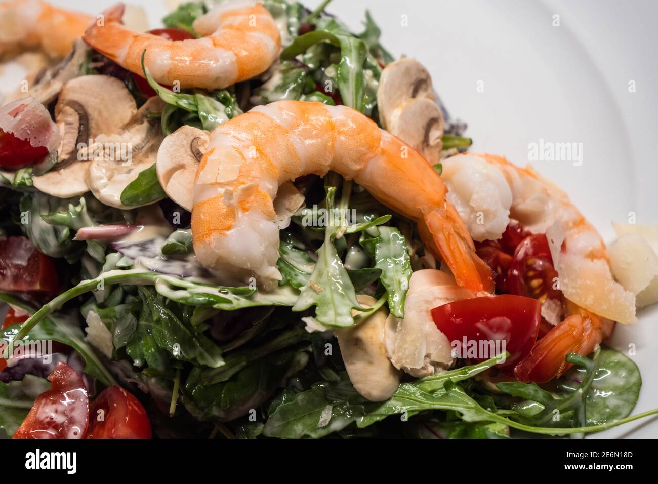 Arugula or Rocket Salad with Prawns or Shrimps, Tomato, Button Mushrooms, Served on a White Plate Stock Photo