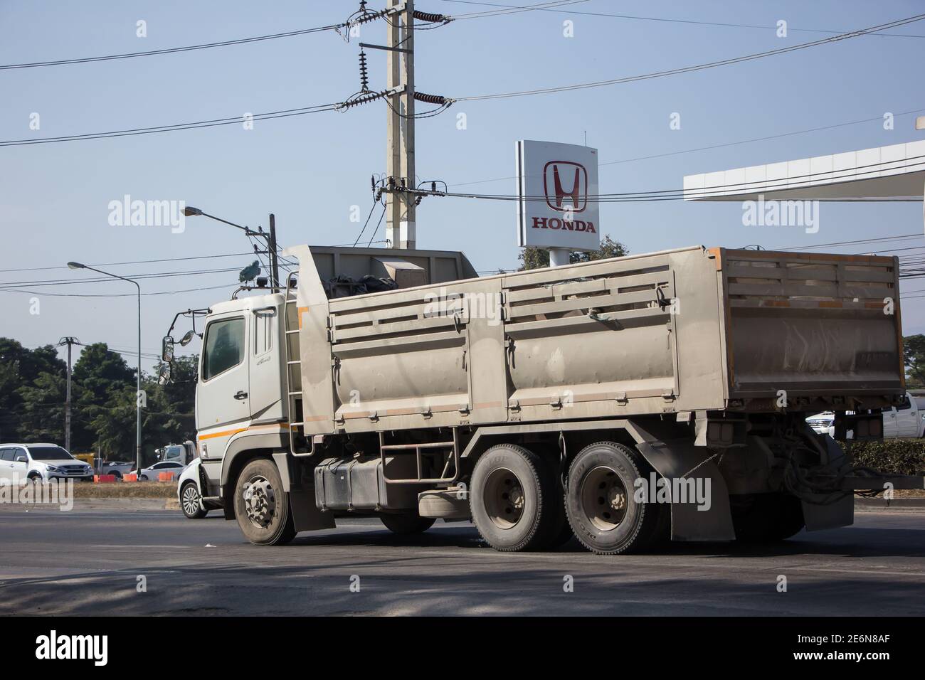 Chiangmai, Thailand - December 17 2020:  Private Mitsubishi Fuso Dump Truck.  Photo at road no.121 about 8 km from downtown Chiangmai, thailand. Stock Photo