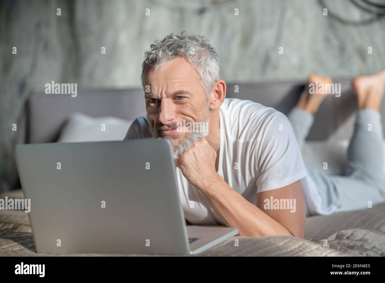 Smiling grey-haired man using a computer Stock Photo