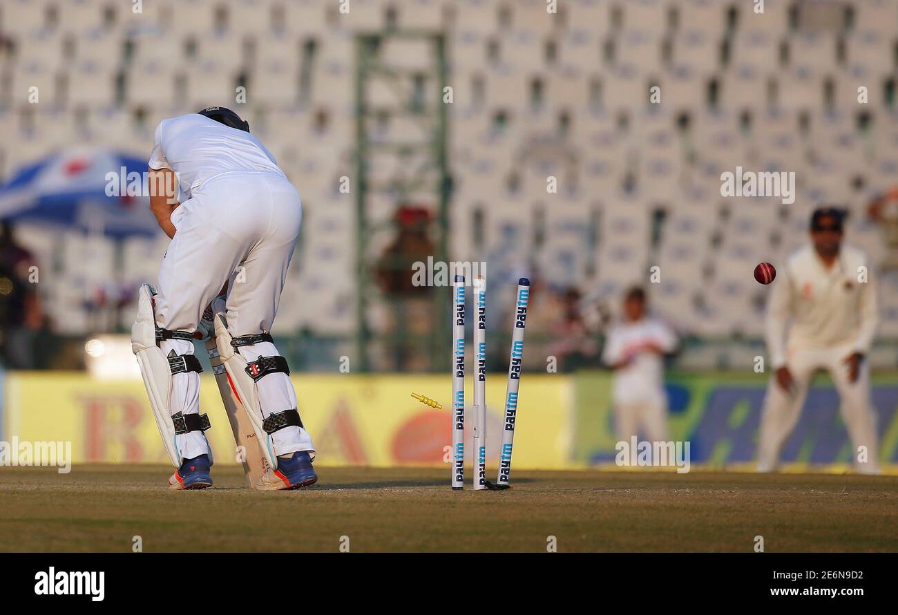 Cricket - India v England - Third Test cricket match - Punjab Cricket Association Stadium, Mohali, India - 26/11/16. England's Chris Woakes is bowled. REUTERS/Adnan Abidi Stock Photo