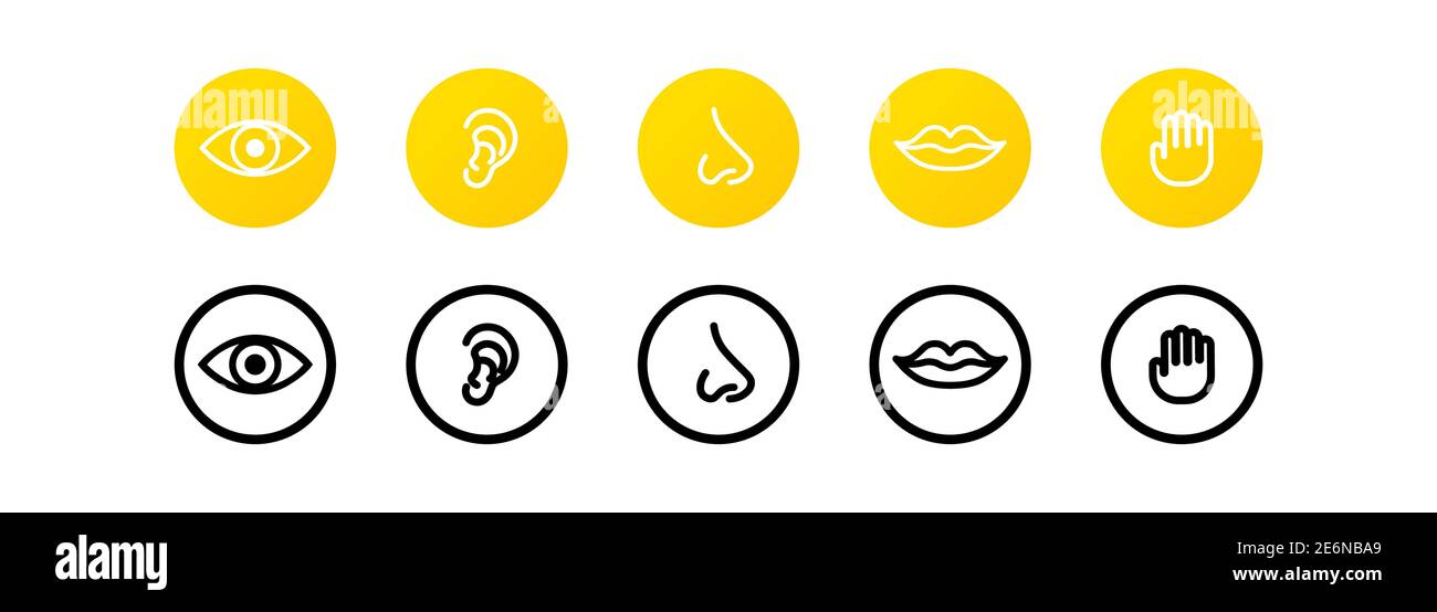 Five human senses icon set. Eye, nose, ear, hand, mouth with tongue
