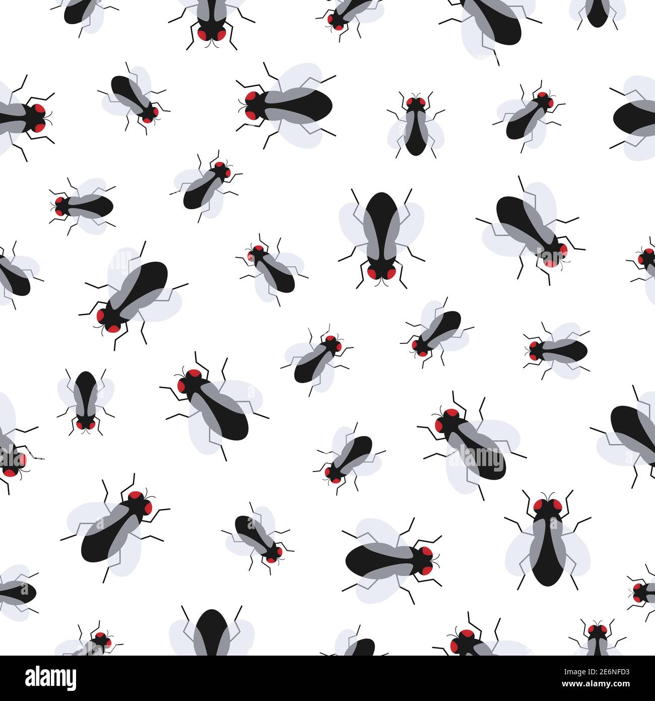 Fly insect flat vector seamless pattern background. Small flies isolated on white. Stock Vector