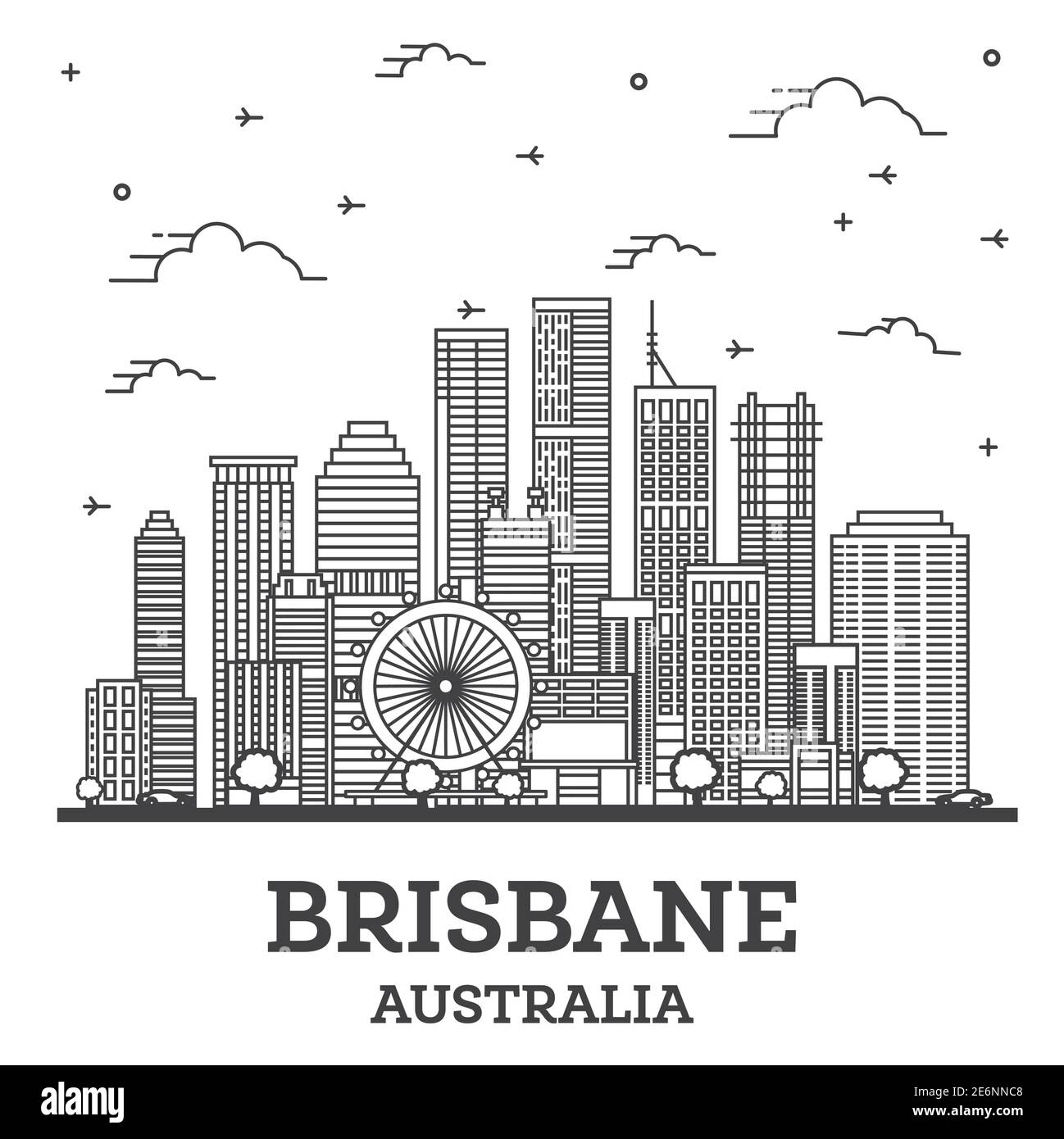 Outline Brisbane Australia City Skyline with Modern Buildings Isolated on White. Vector Illustration. Brisbane Cityscape with Landmarks. Stock Vector