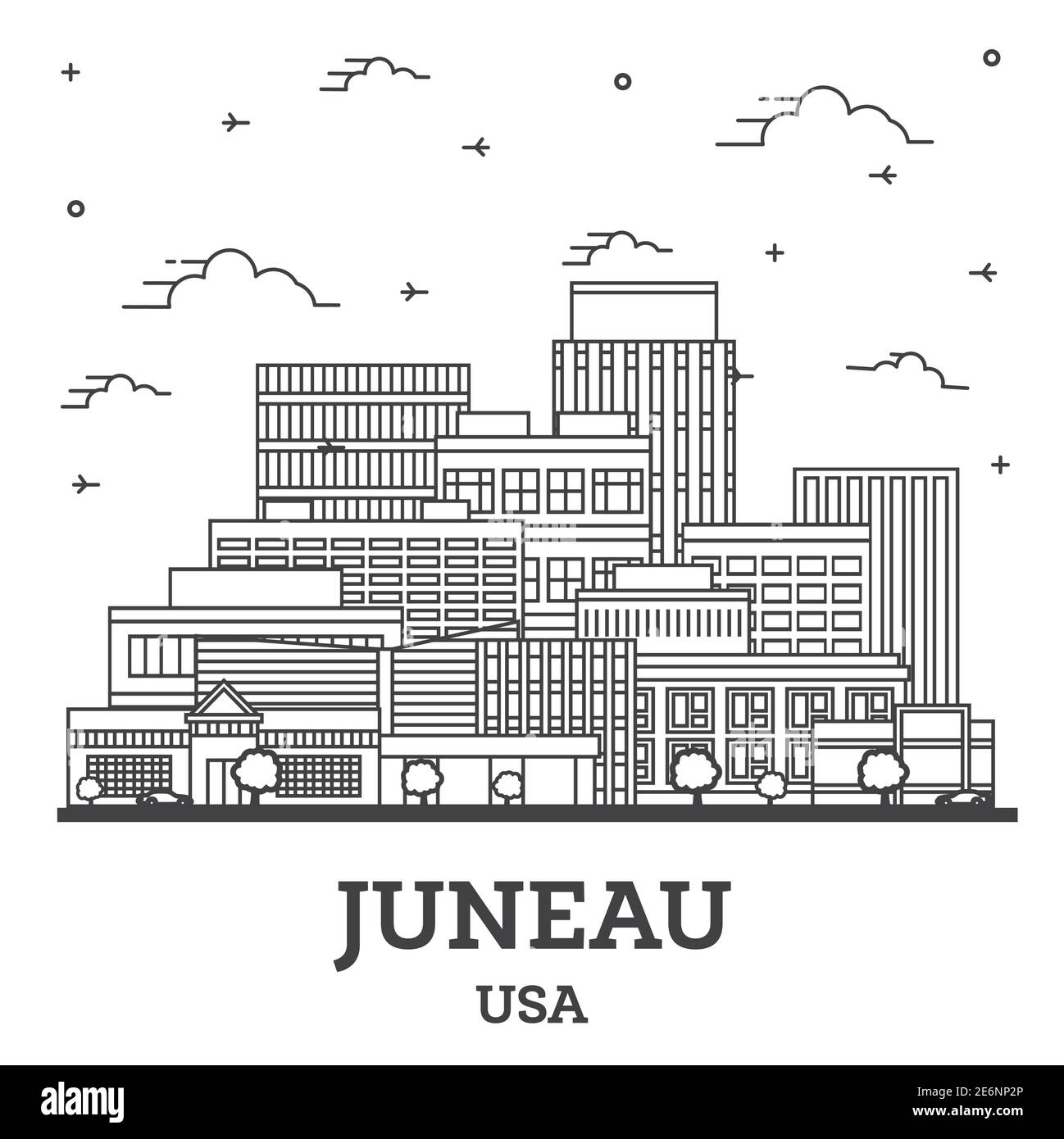 Outline Juneau Alaska USA City Skyline with Modern Buildings Isolated on White. Vector Illustration. Juneau USA Cityscape with Landmarks. Stock Vector